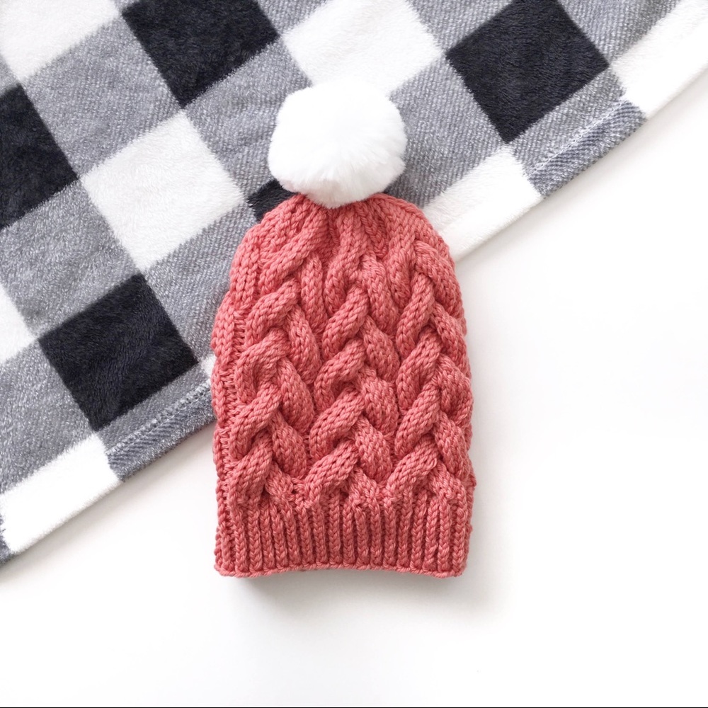 Coral Pink Cable Knit Beanie Hat Women OS Faux Fur Pom-Pom Handmade Soft Wool